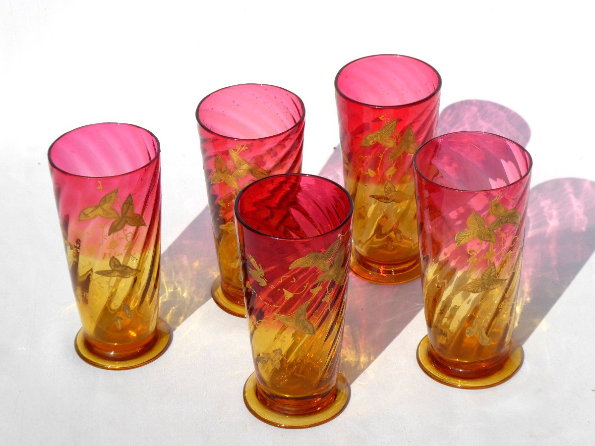 Series Of 5 Orangeade Glasses / Goblets In Art Nouveau Crystal Enamel Nineteenth Legras Baccarat-photo-2