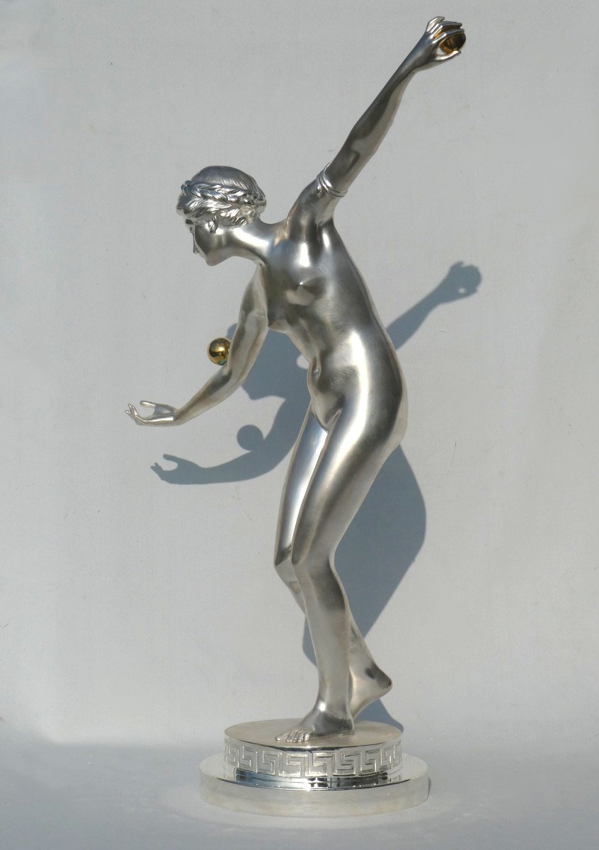 Grand Bronze  Argenté Art Deco , Danseuse Nue Aux Balles , Ferdinand Lugerth , Femme Jongleuse-photo-3