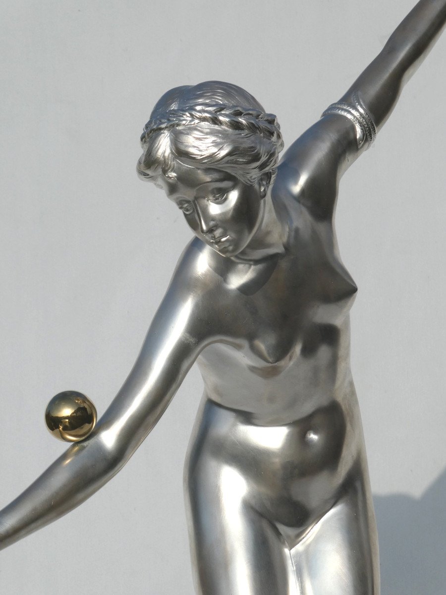 Grand Bronze  Argenté Art Deco , Danseuse Nue Aux Balles , Ferdinand Lugerth , Femme Jongleuse-photo-4