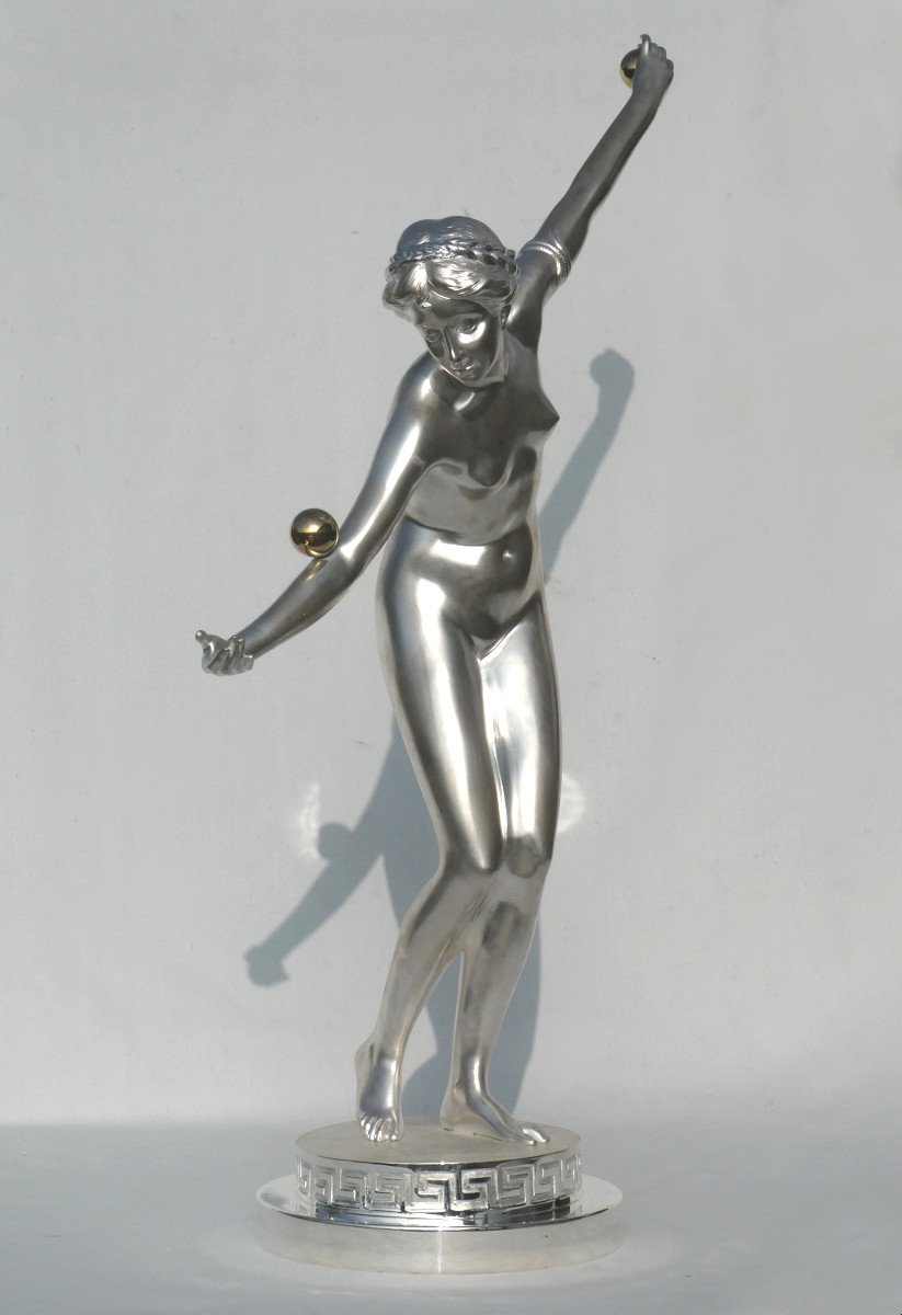 Grand Bronze  Argenté Art Deco , Danseuse Nue Aux Balles , Ferdinand Lugerth , Femme Jongleuse-photo-5