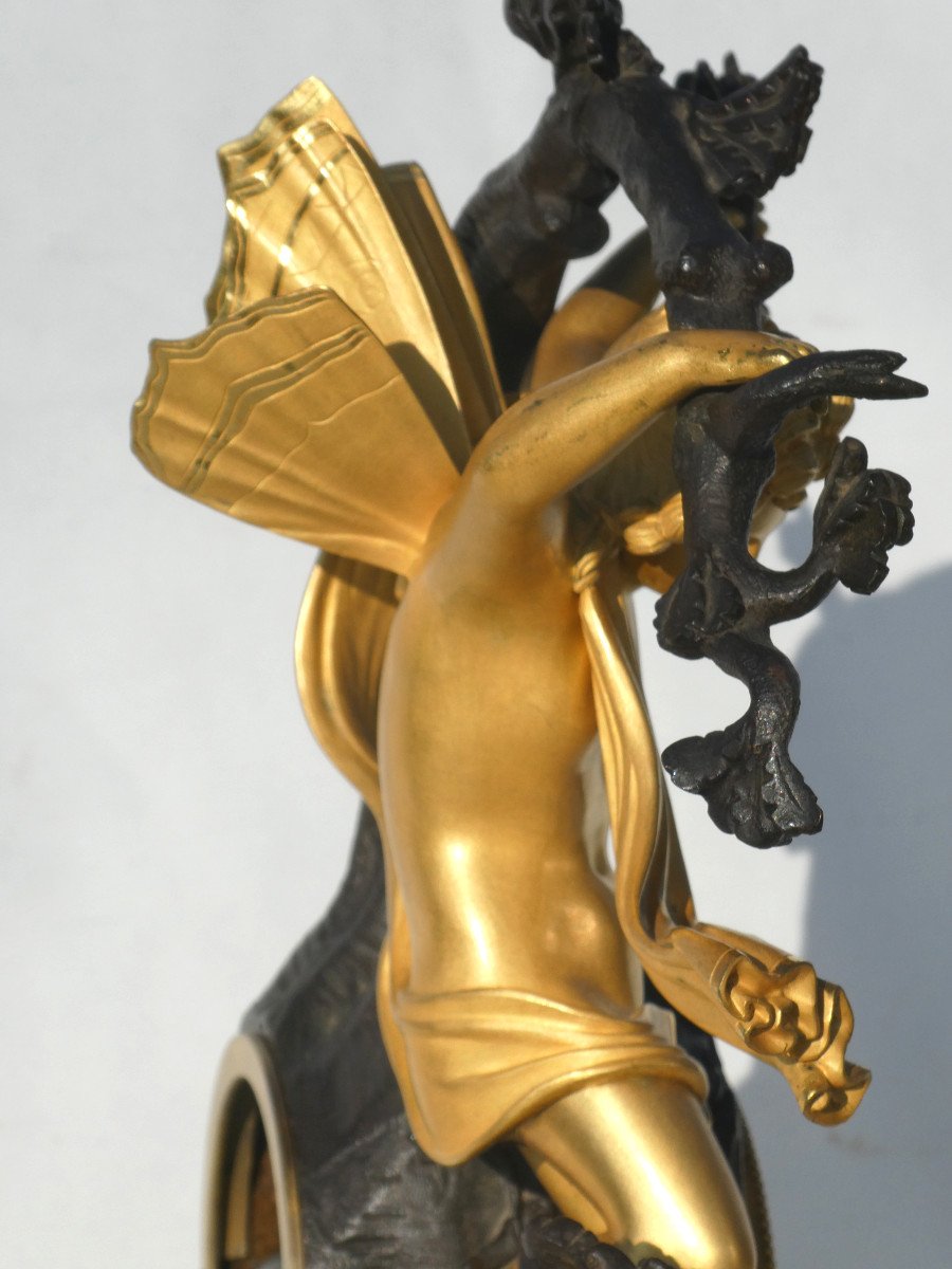 Clock In Gilt Bronze Restoration Period, Mythological Scene Zephyr Nineteenth Around 1815 God Of Wind-photo-4