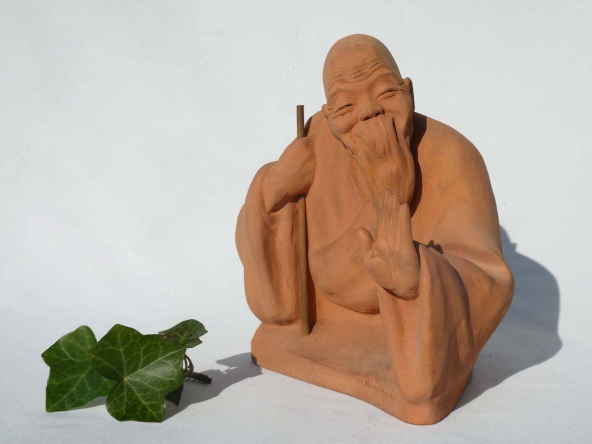 Terracotta Group, Gaston Hauchecorne, Asia China, Le Sage Au Baton 1920, Ar Sculpture-photo-2