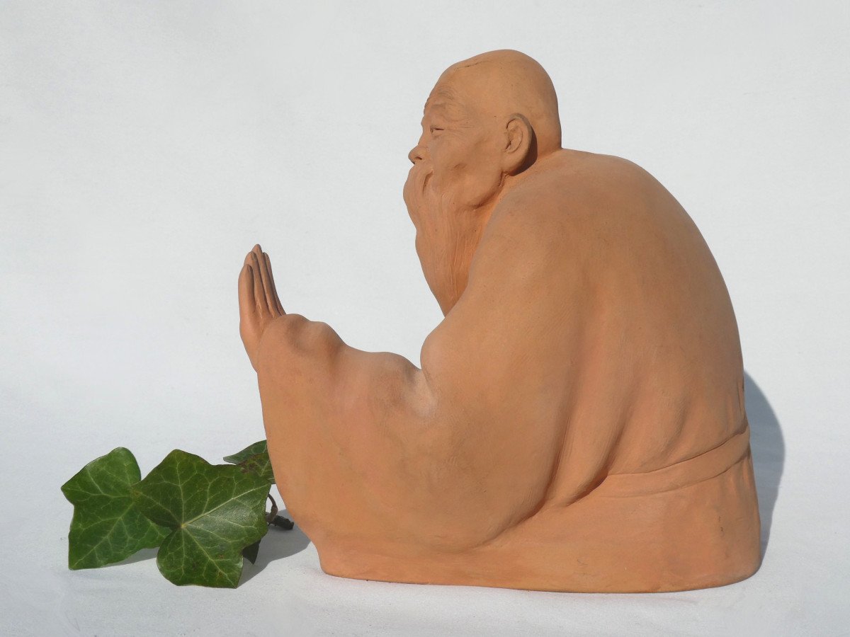 Terracotta Group, Gaston Hauchecorne, Asia China, Le Sage Au Baton 1920, Ar Sculpture-photo-1