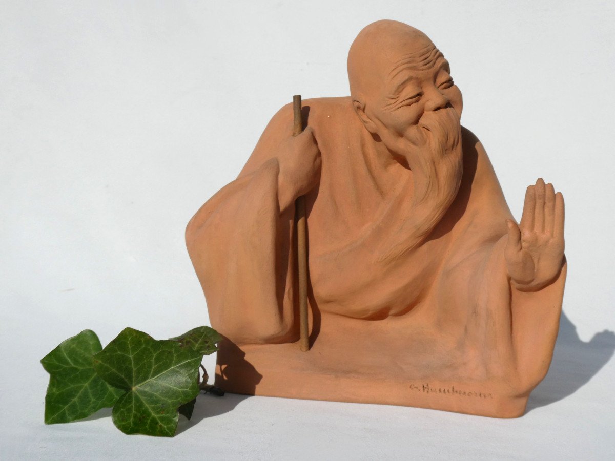 Terracotta Group, Gaston Hauchecorne, Asia China, Le Sage Au Baton 1920, Ar Sculpture