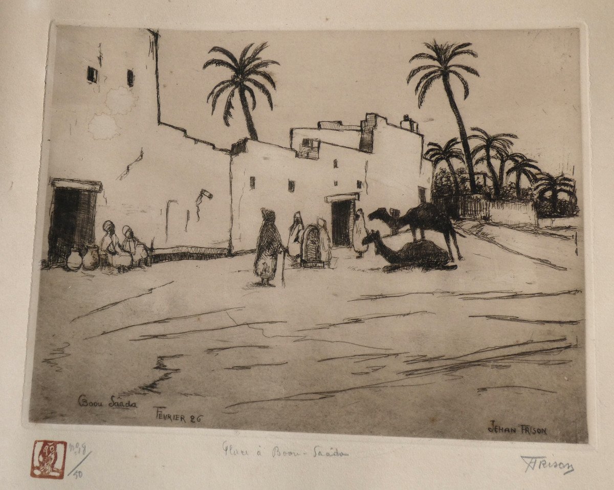 Orientalist Strong Water Signed By Jehan Frison, Place Bou Saada Art Deco 1926 Algeria