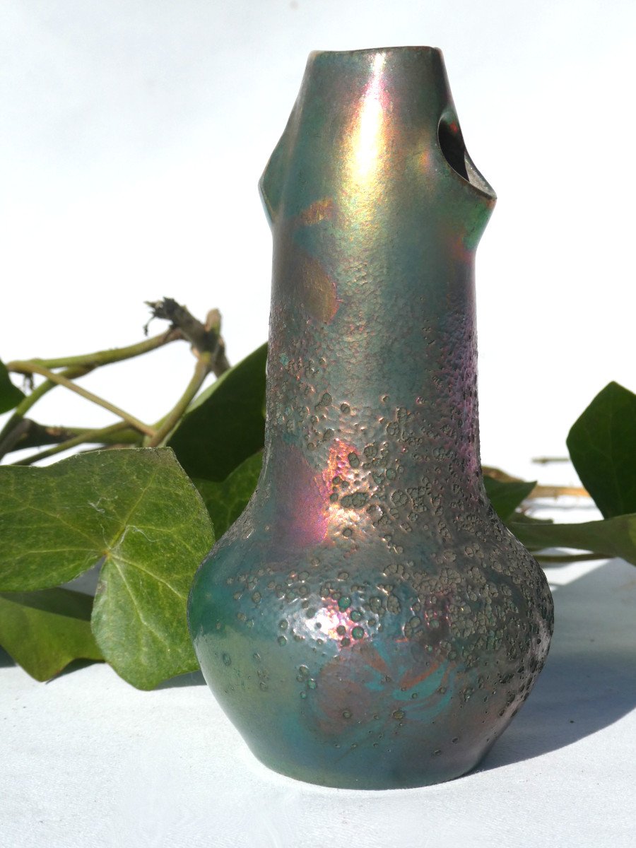 Miniature Vase In Iridescent Gres, Art Nouveau Decor By Clement Massier, Vallauris 1900 Style Montieres