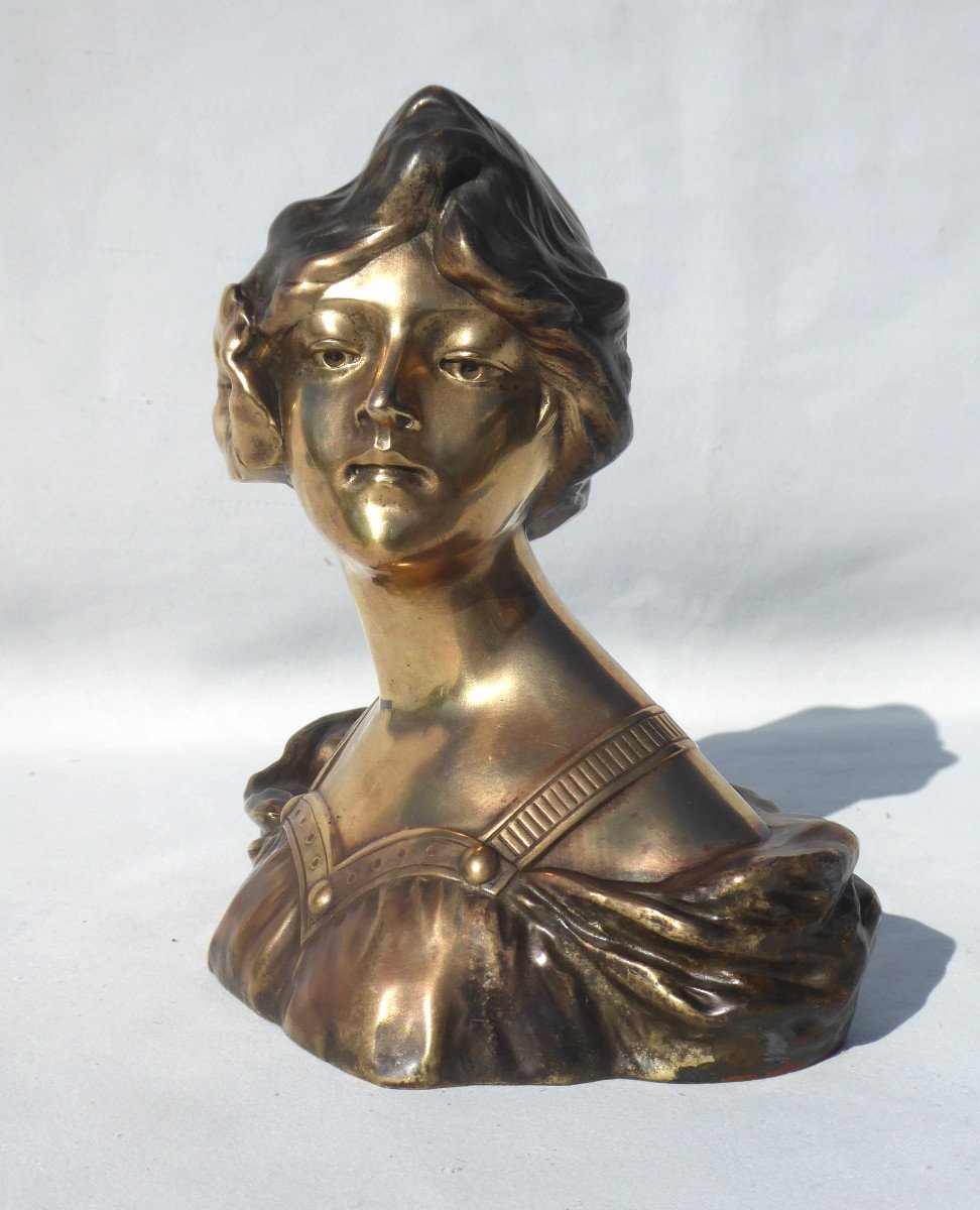 Bust Of A Young Woman Art Nouveau Style, 1900 Period, Bronze Patina Sculpture G. Vaerenbergh-photo-3