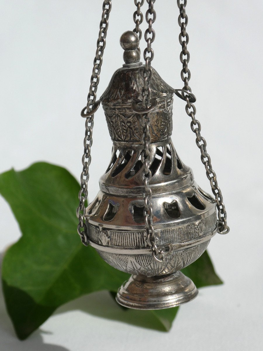 Miniature Censer In Silver Metal Napoleon III Period, Mass Game, Nineteenth Liturgy Toy-photo-2