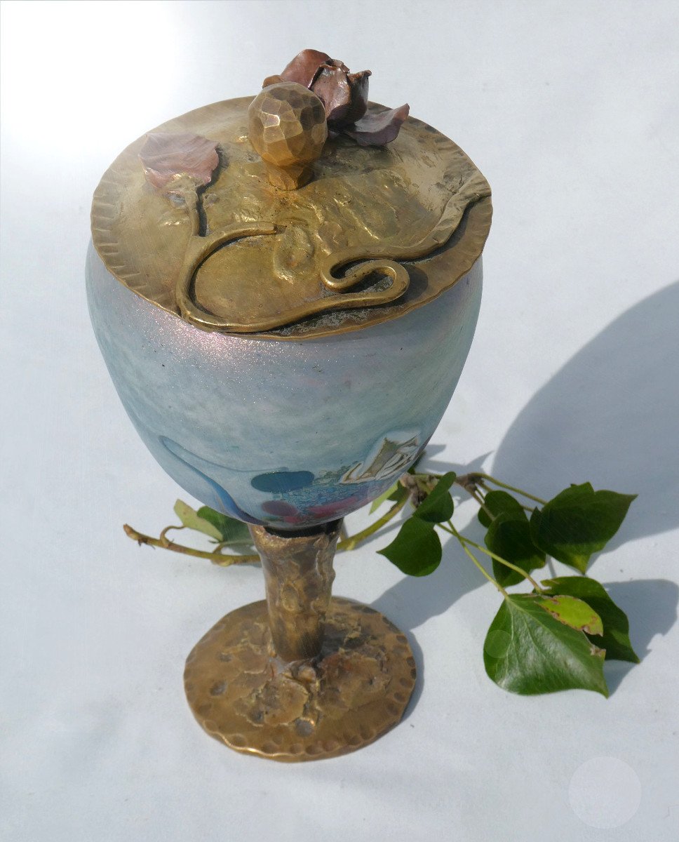 Large Pate De Verre & Bronze Drageoir Cup, Signed Muller, Art Nouveau Style, Ciborium 1915-photo-1