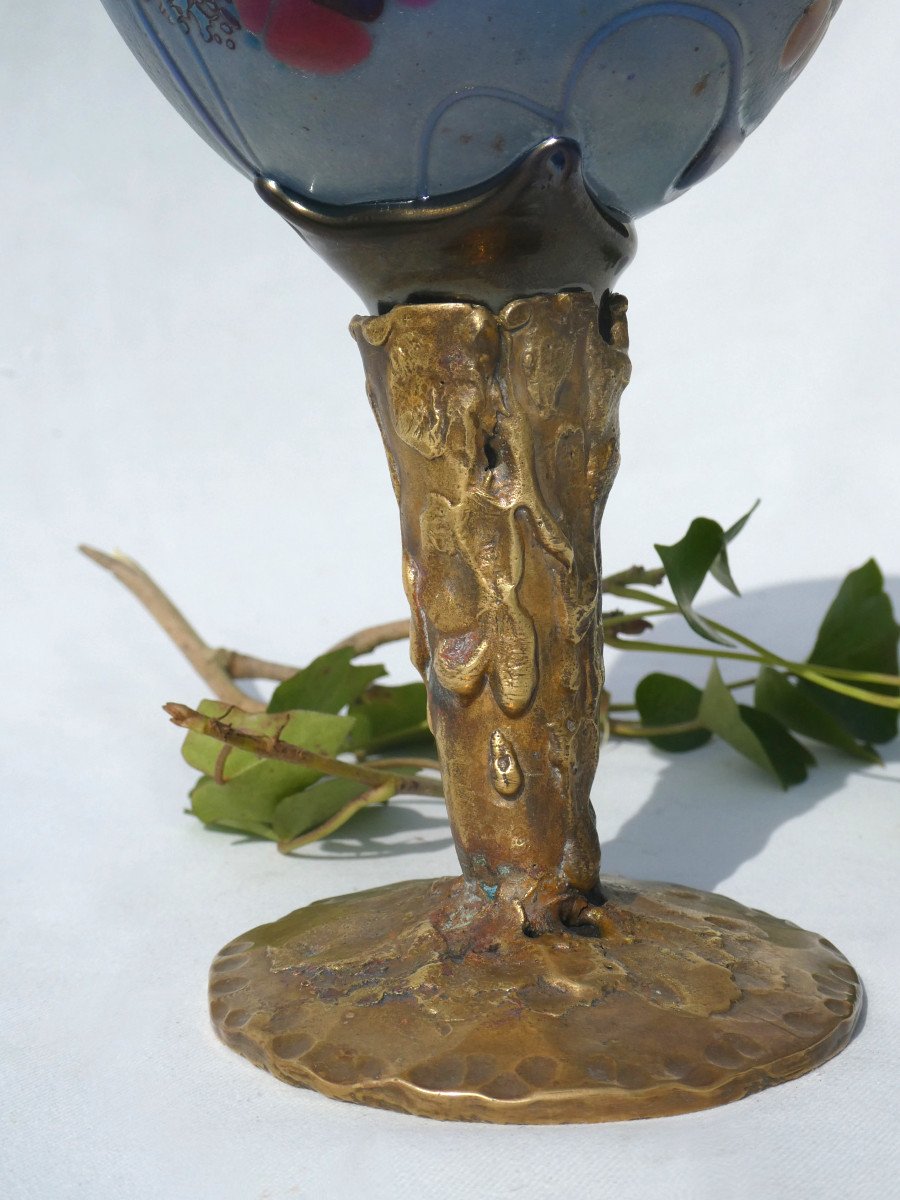 Large Pate De Verre & Bronze Drageoir Cup, Signed Muller, Art Nouveau Style, Ciborium 1915-photo-6