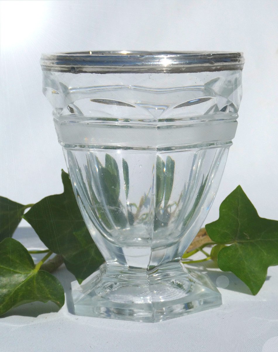 Charles X Style Engraved Glass Goblet, Sterling Silver Frame, 19th Century Violet Vase