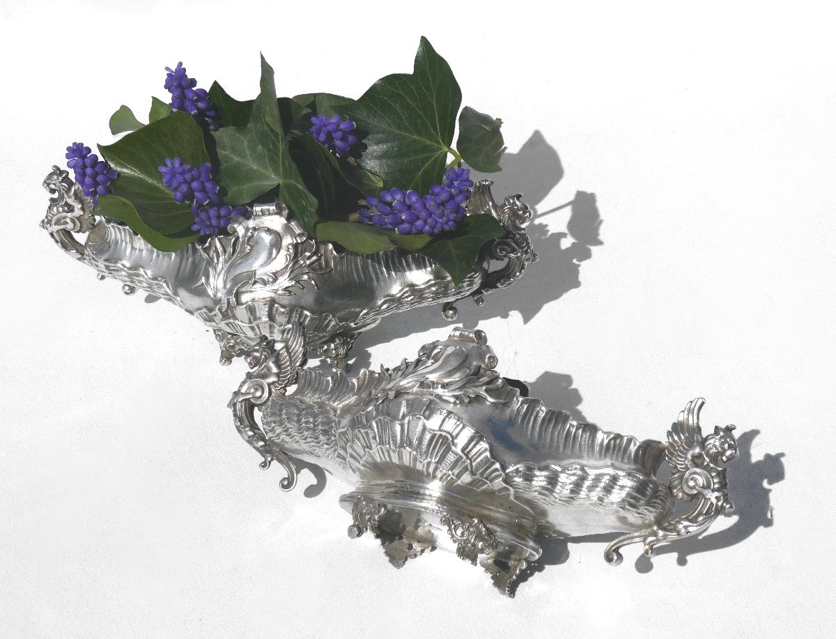 Paire De Jardiniere De Table En Metal Argente , Style Renaissance / Napoléon III XIXe -photo-3