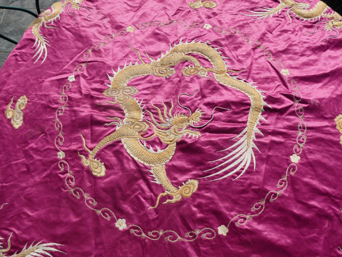 Broderie Chinoise Epoque 1880 , Nappe , Dessus De Table / Piano , Chale , Décor De Dragon XIXe-photo-2