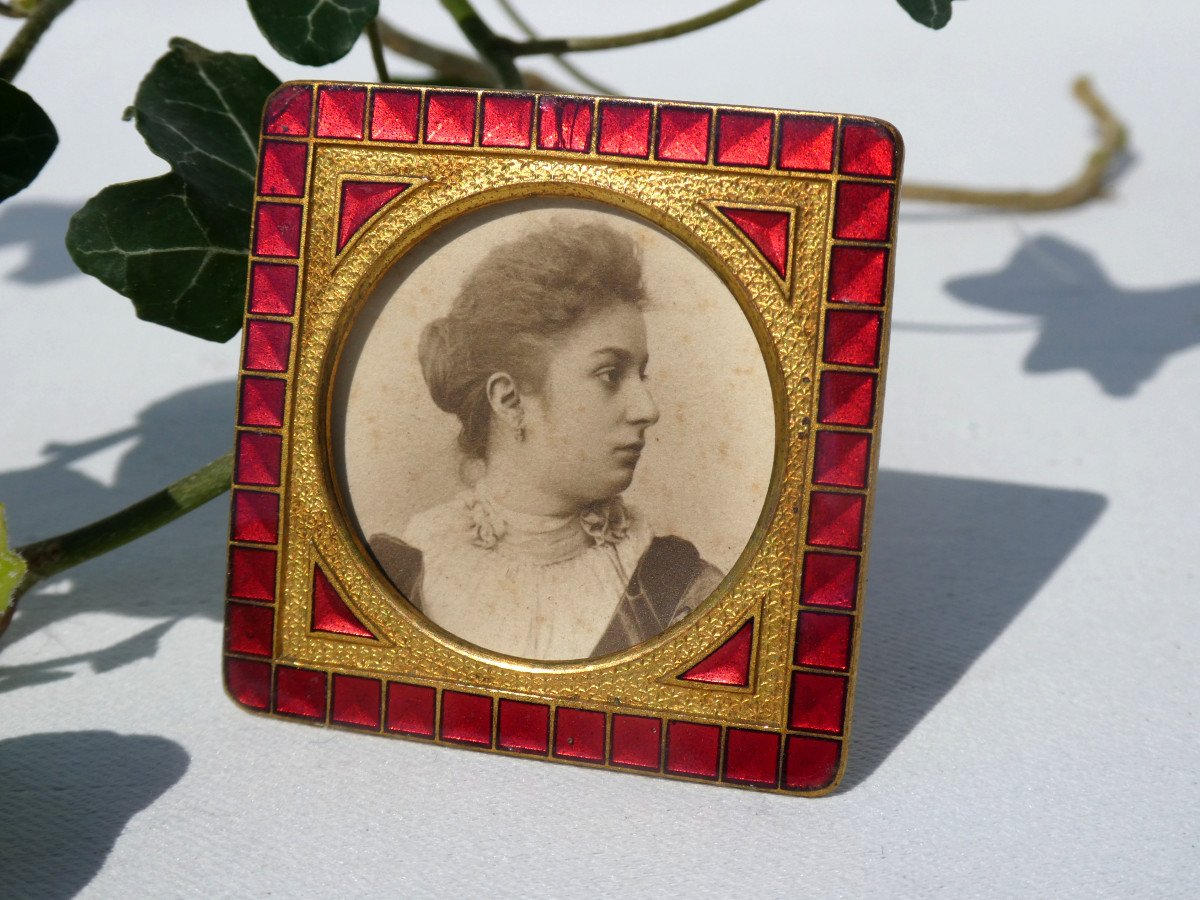 Photo Frame In Brass & Enamels, 1900 Period, Nineteenth Enamel Frame-photo-3