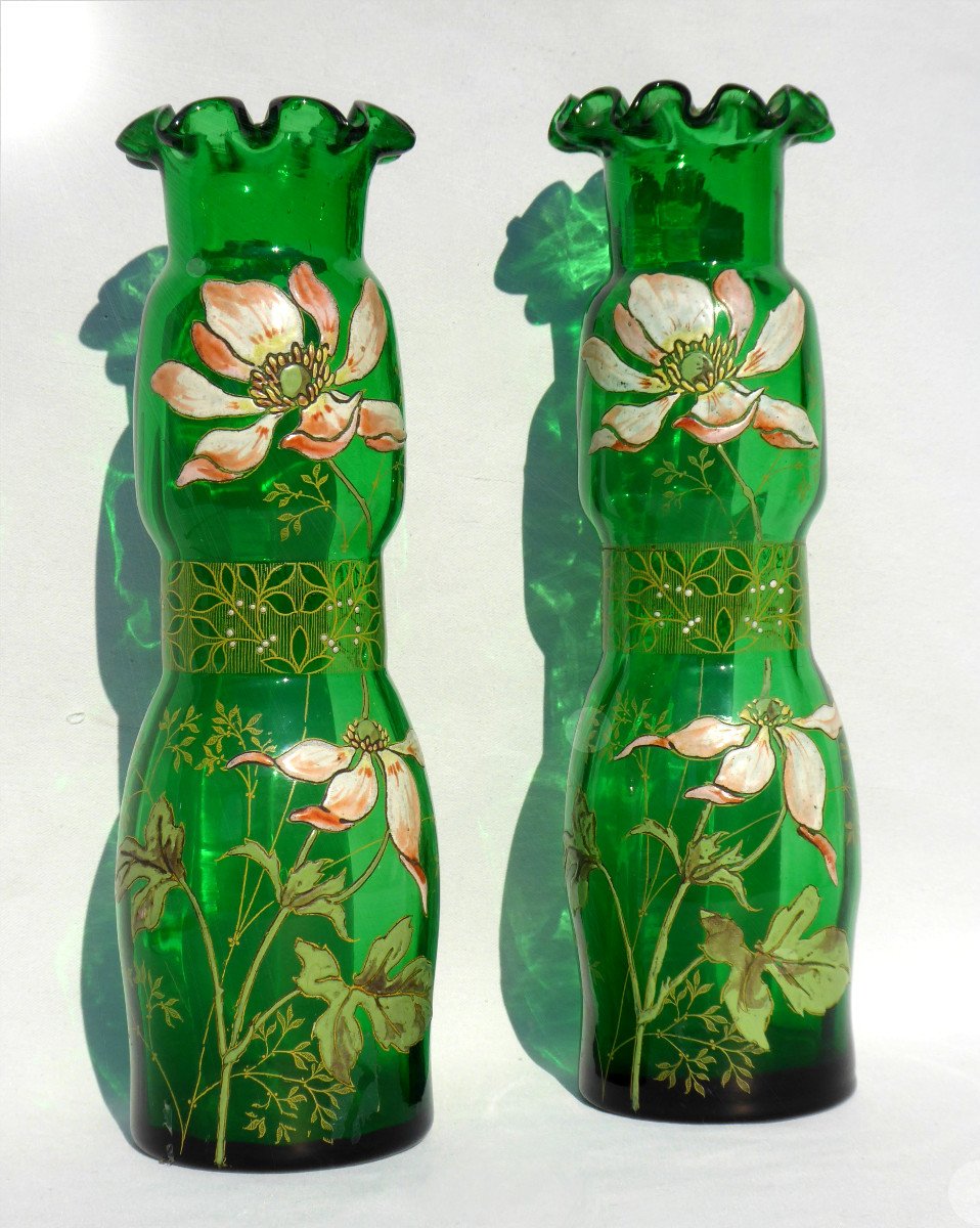 Paire De Vases En Verre émaillé , Legras époque Art Nouveau 1900 Vase à Bulbes , Orchidées XIXe-photo-2