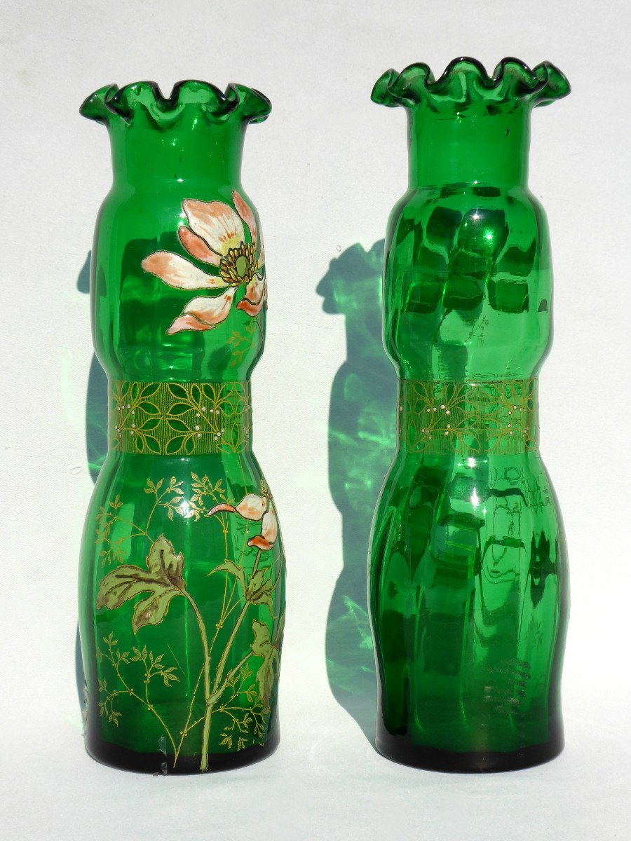 Paire De Vases En Verre émaillé , Legras époque Art Nouveau 1900 Vase à Bulbes , Orchidées XIXe-photo-2