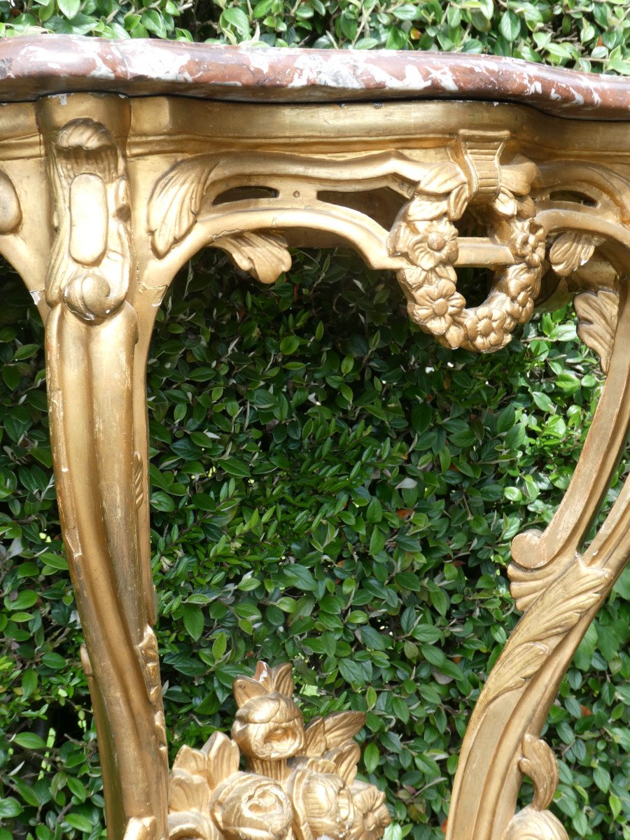 Wall Console In Golden Wood, 18th Century Style Napoleon III, Red Marble From Languedoc-photo-5