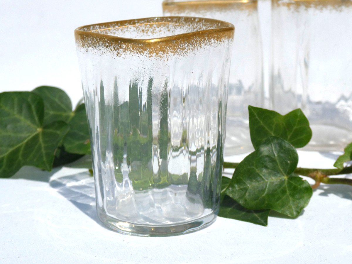 Series Of 9 Tumblers / Cubic Glasses, 1900 Period, Frosted Decor With Legras Nineteenth Gilding-photo-4