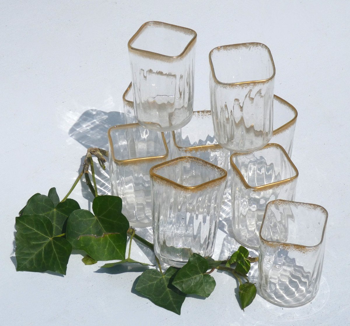 Series Of 9 Tumblers / Cubic Glasses, 1900 Period, Frosted Decor With Legras Nineteenth Gilding-photo-4