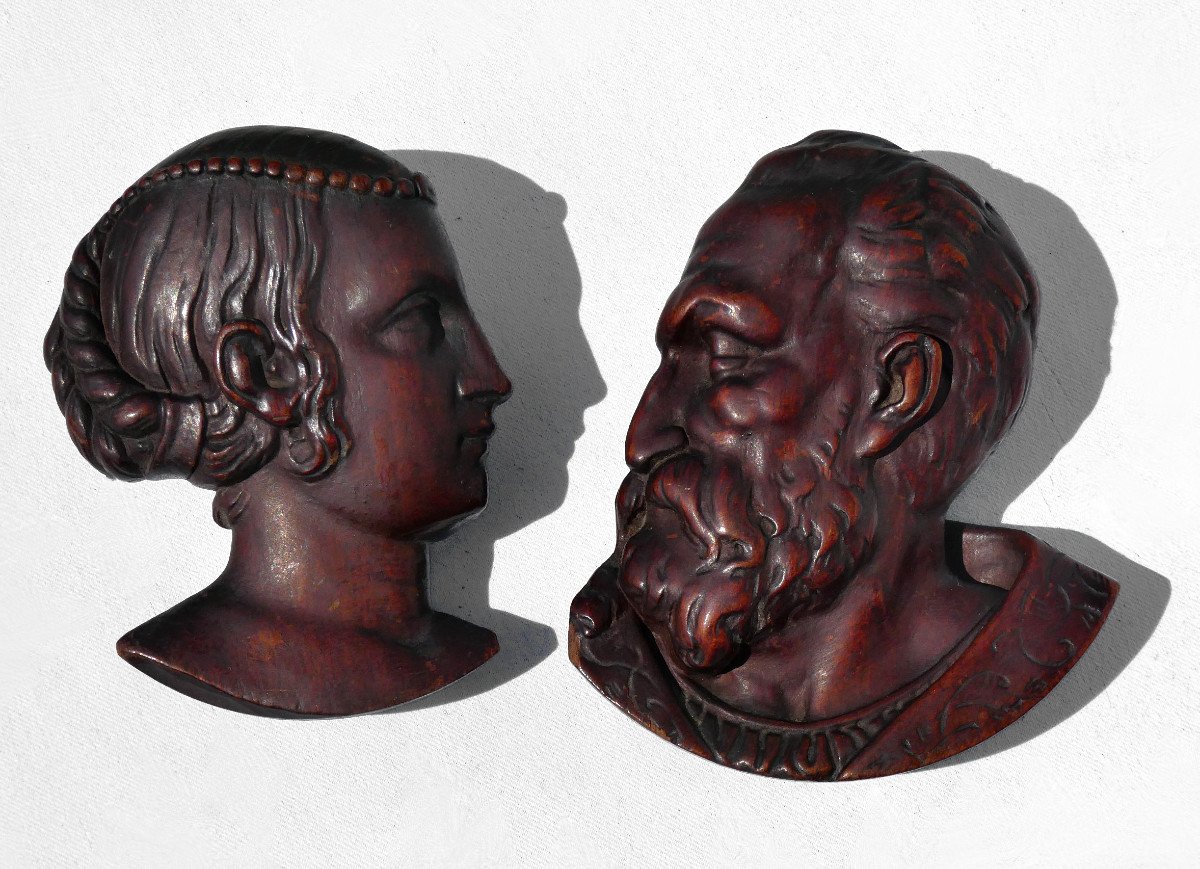 Paire De Profils En Bois Sculpté , Diane De Poitier & Le Roi Henri II , Renaissance XIXe-photo-3