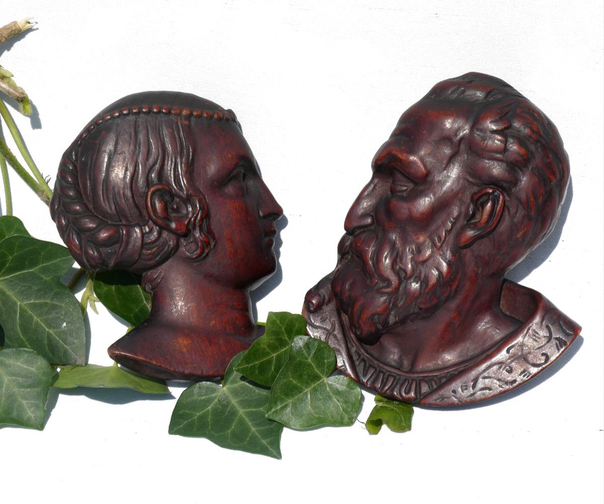 Paire De Profils En Bois Sculpté , Diane De Poitier & Le Roi Henri II , Renaissance XIXe