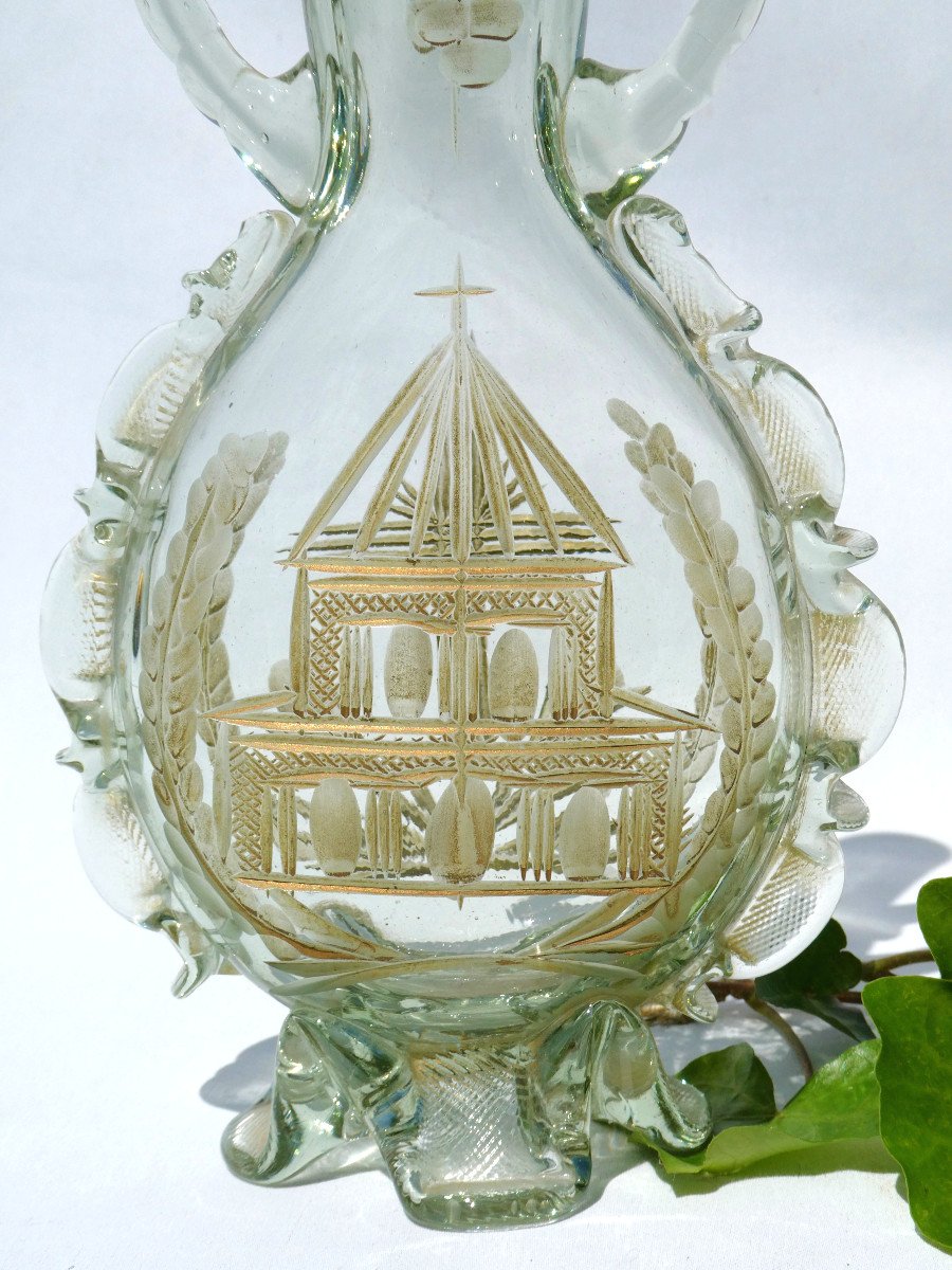 Altar Soliflore Vase / Wine Cruet Late 18th Century Engraved Glass Gourd Shape, O-photo-2