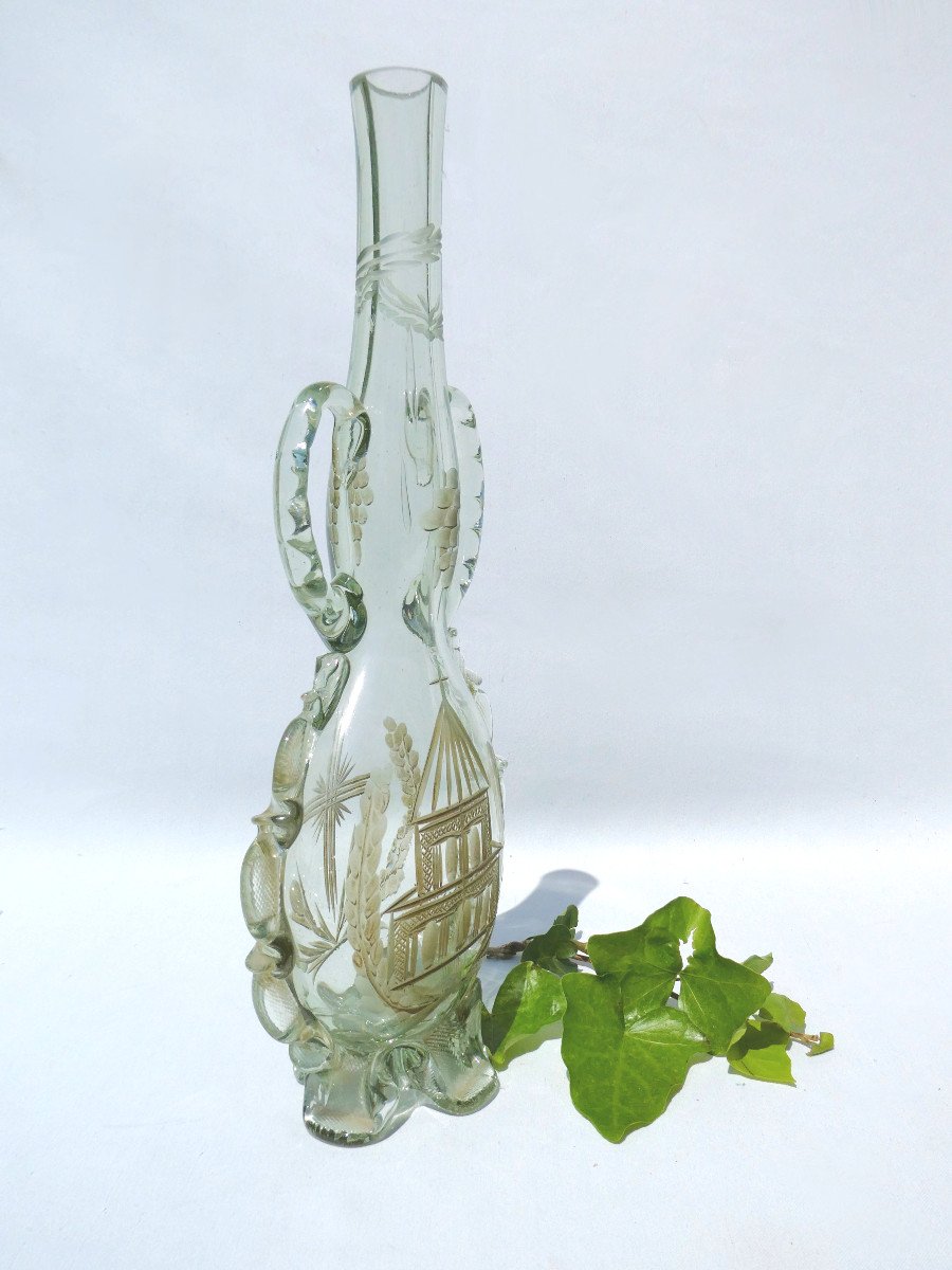 Altar Soliflore Vase / Wine Cruet Late 18th Century Engraved Glass Gourd Shape, O-photo-4