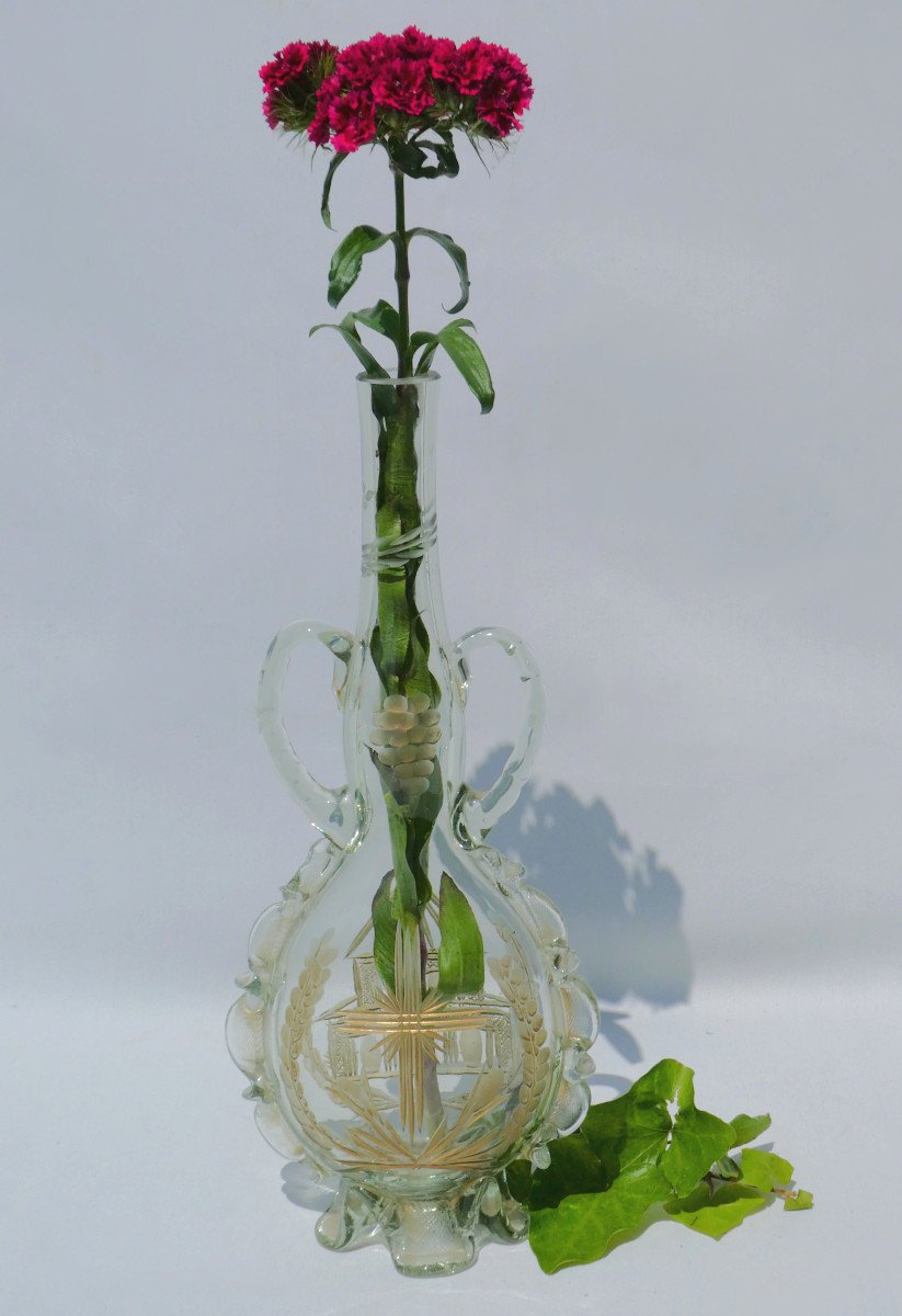 Altar Soliflore Vase / Wine Cruet Late 18th Century Engraved Glass Gourd Shape, O-photo-5