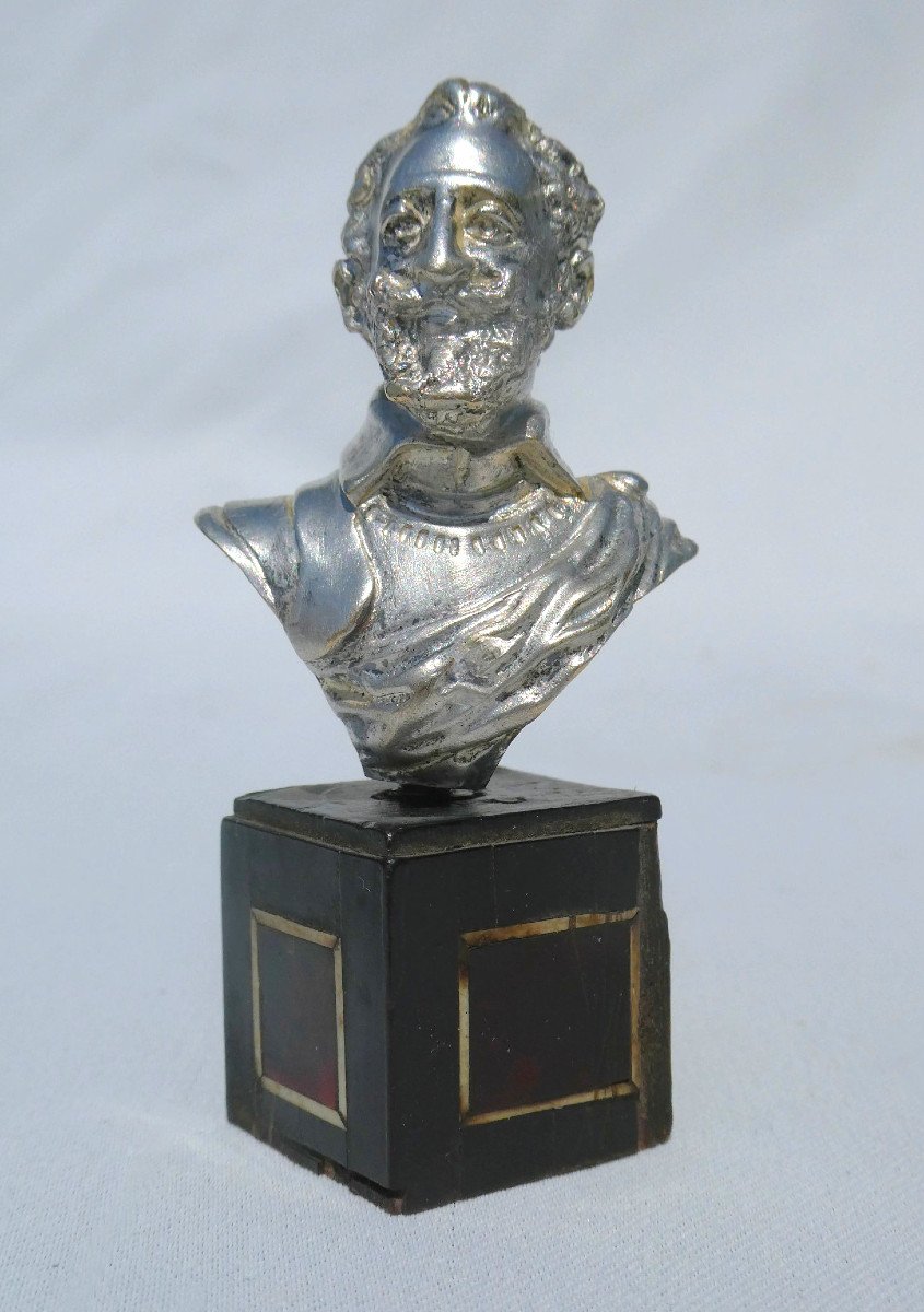 Bust In Silver Bronze Of King Henry Iv, Base In Blackened Wood & Tortoiseshell, 19th Century, Souvenir Royalist-photo-2