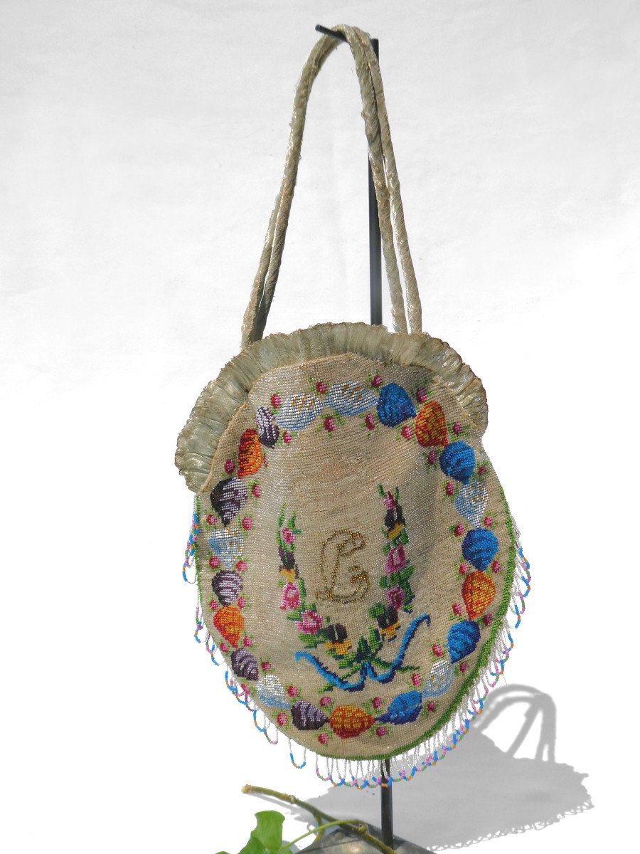 Sac à Main Perlé De Style Napoléon III , Décor d'écureuil Et Pensées , Reticule XIXe , -photo-4