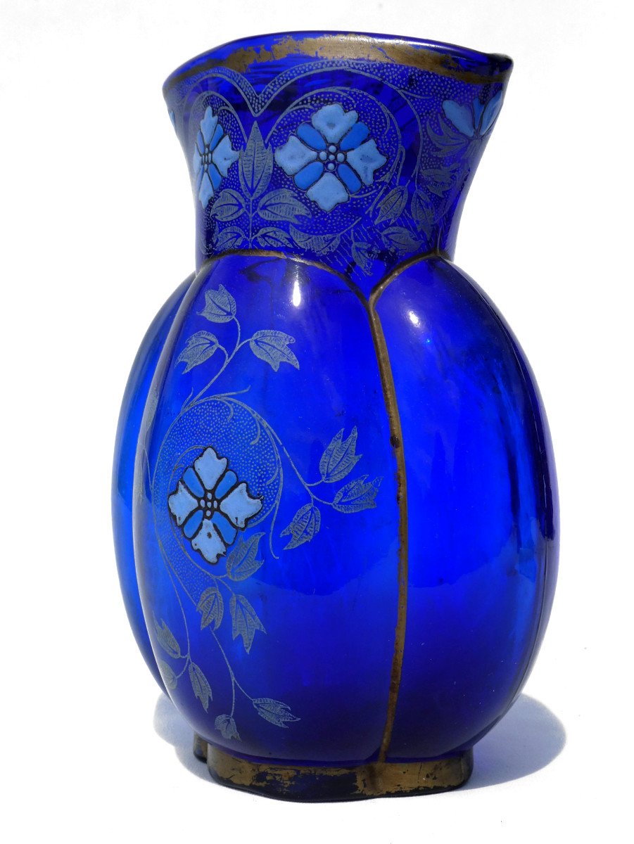 Enameled Glass Vase, Thédore Legras, Melon Shape, Art Nouveau Style, Night Blue / Cobalt-photo-3