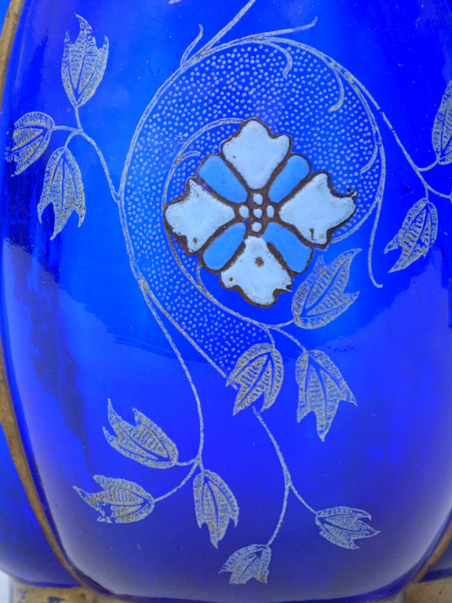 Enameled Glass Vase, Thédore Legras, Melon Shape, Art Nouveau Style, Night Blue / Cobalt-photo-4
