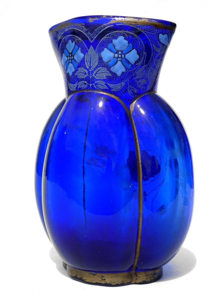 Enameled Glass Vase, Thédore Legras, Melon Shape, Art Nouveau Style, Night Blue / Cobalt-photo-2