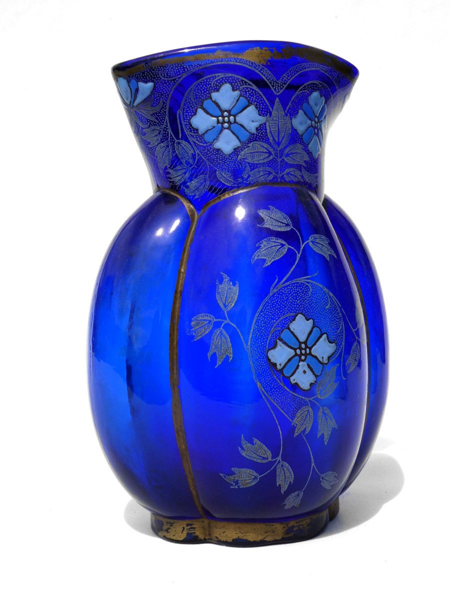 Enameled Glass Vase, Thédore Legras, Melon Shape, Art Nouveau Style, Night Blue / Cobalt