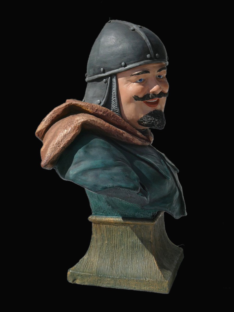 Polychrome Terracotta Bust Friedrich Goldscheider, Nineteenth, Neo-gothic Knight In Armor-photo-3