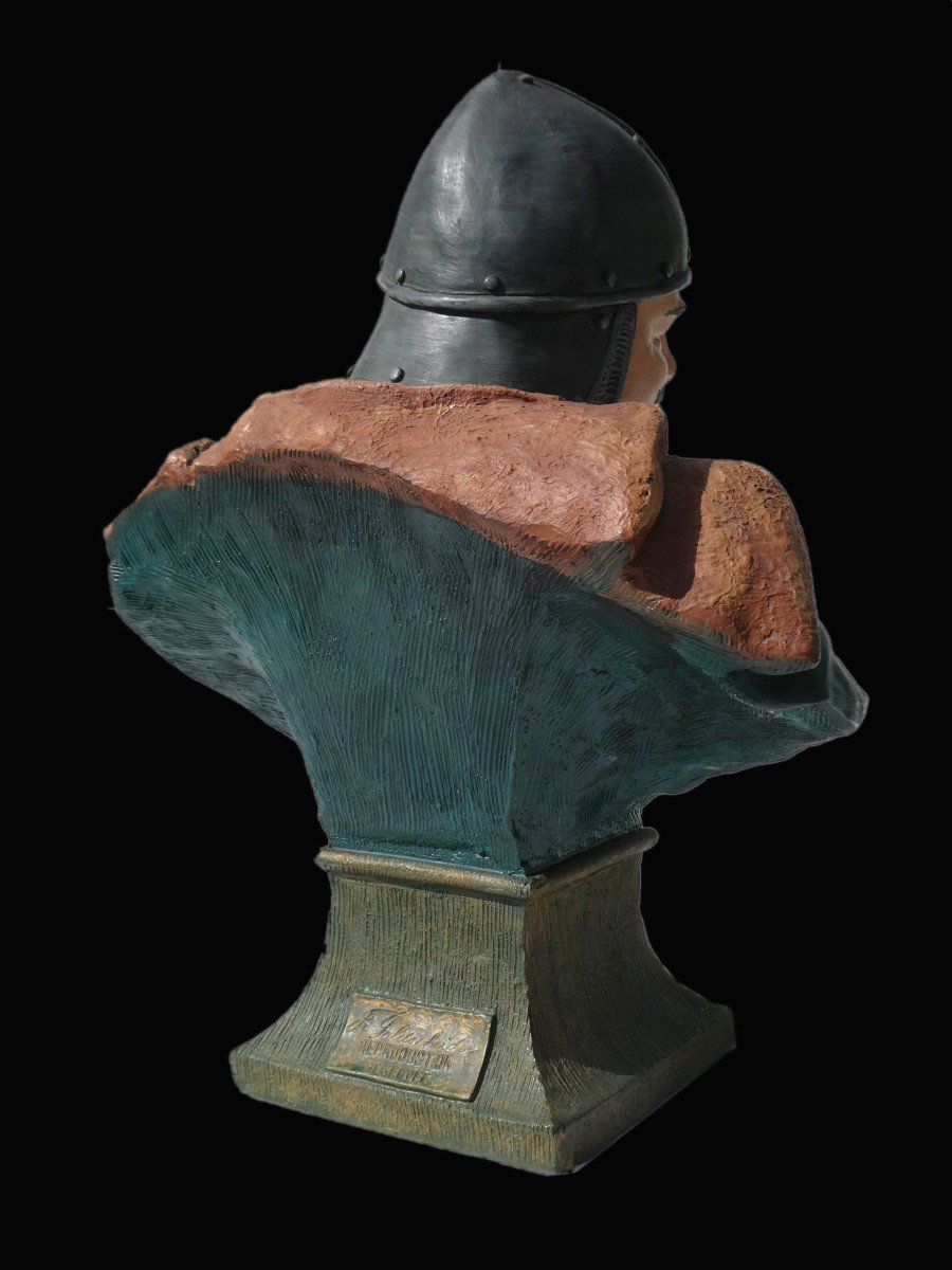 Polychrome Terracotta Bust Friedrich Goldscheider, Nineteenth, Neo-gothic Knight In Armor-photo-4