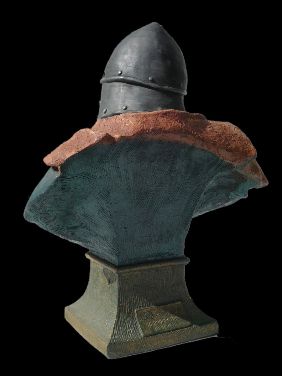 Polychrome Terracotta Bust Friedrich Goldscheider, Nineteenth, Neo-gothic Knight In Armor-photo-2