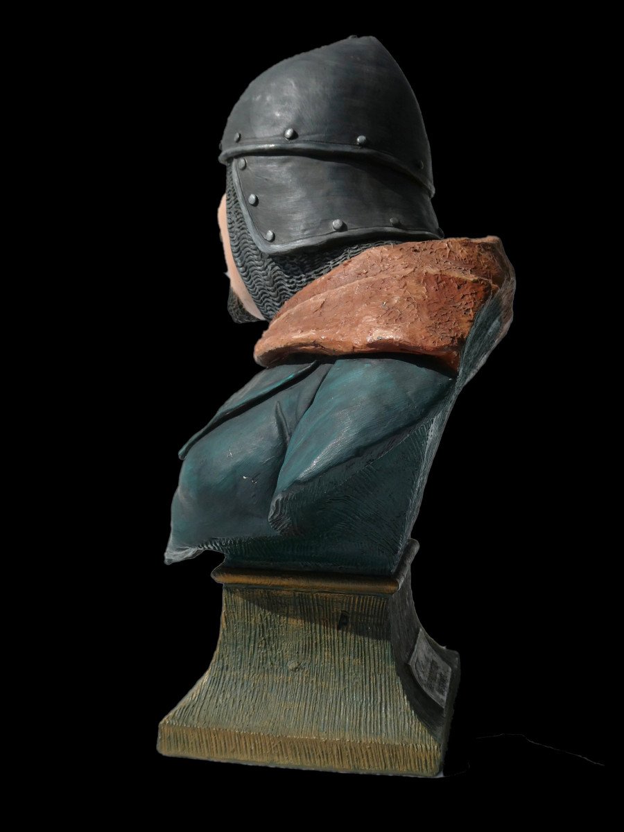 Buste En Terre Cuite Polychrome Friedrich Goldscheider , XIXe , Neogothique Chevalier En Armure-photo-3