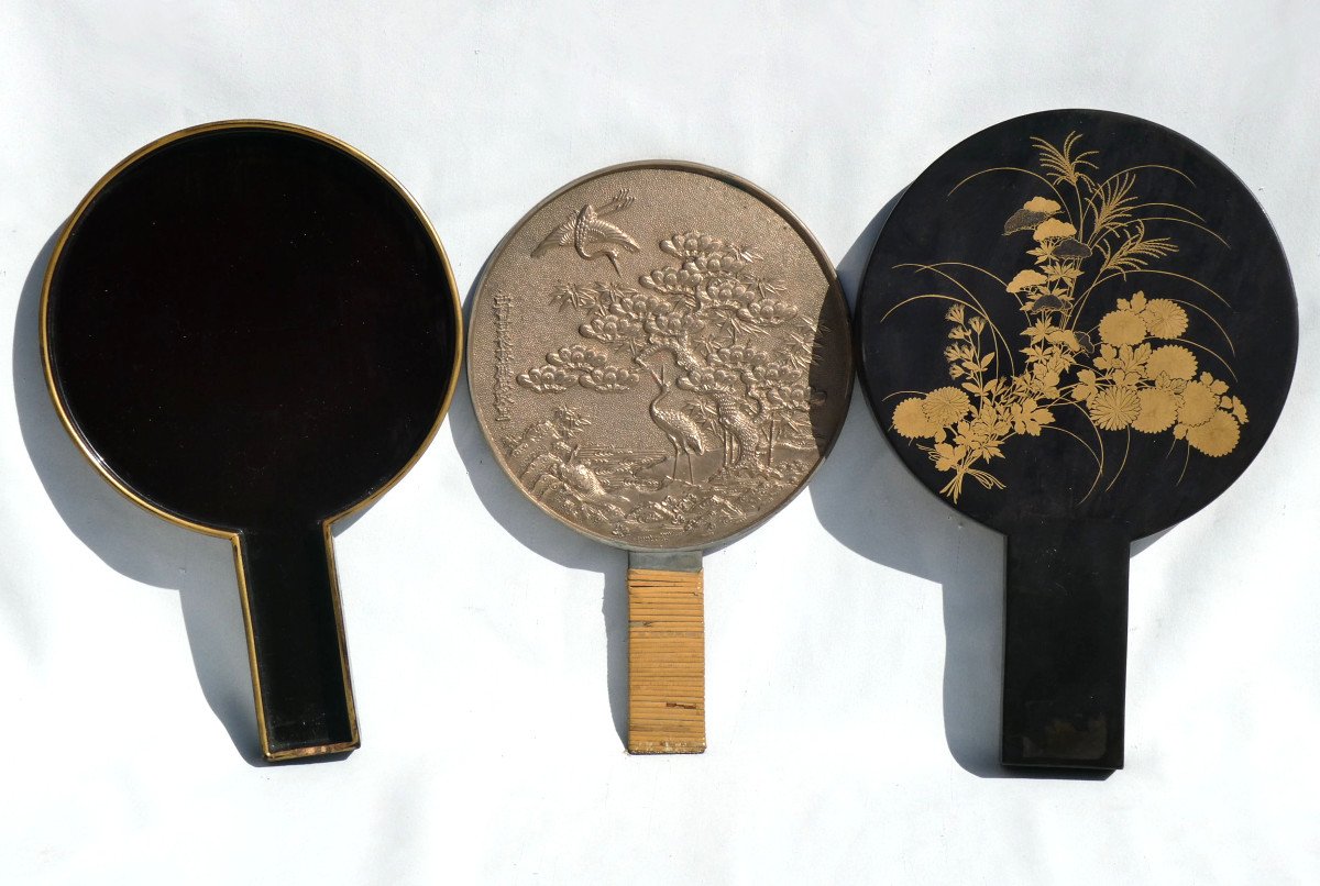 Miroir Face à Main En Bronze Argenté , Laque Japon ére Meiji , XIXe Siecle Kagkimi Kagami-photo-2