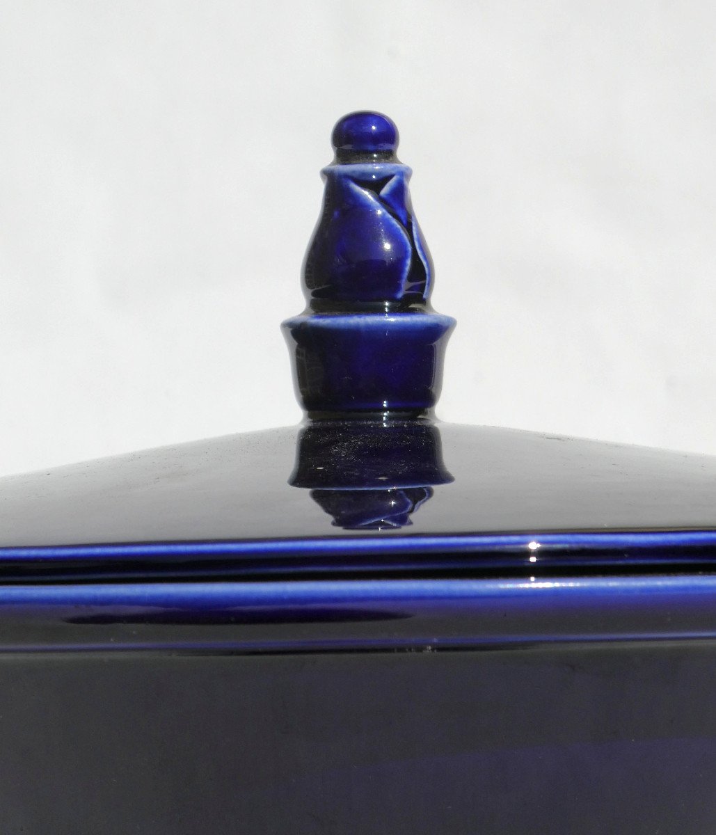 Grand Vase / Pot Couvert En Porcelaine , Forme Japonisante , Bleu De Four Style Art Deco-photo-4