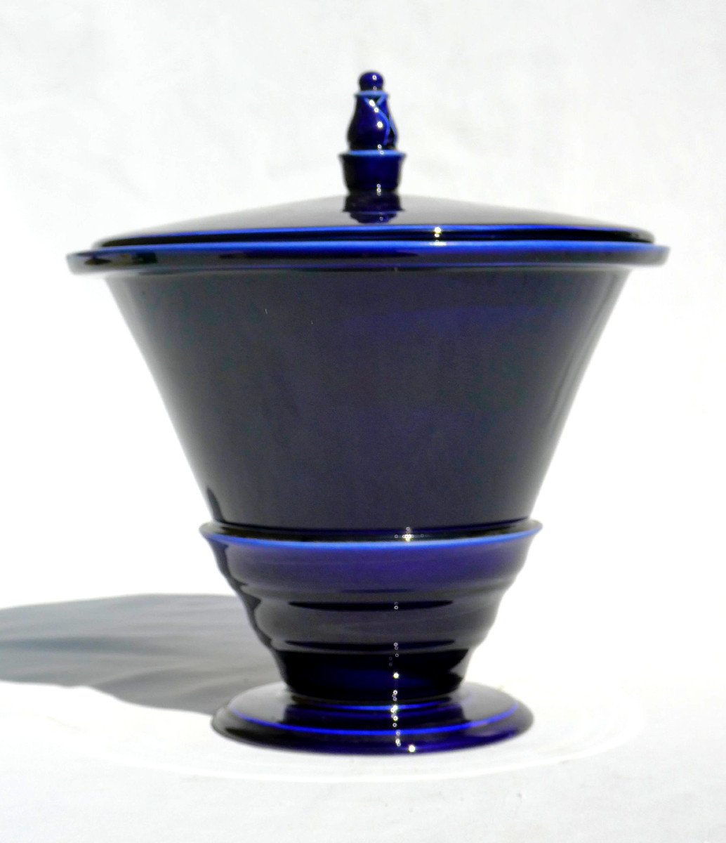 Grand Vase / Pot Couvert En Porcelaine , Forme Japonisante , Bleu De Four Style Art Deco-photo-1