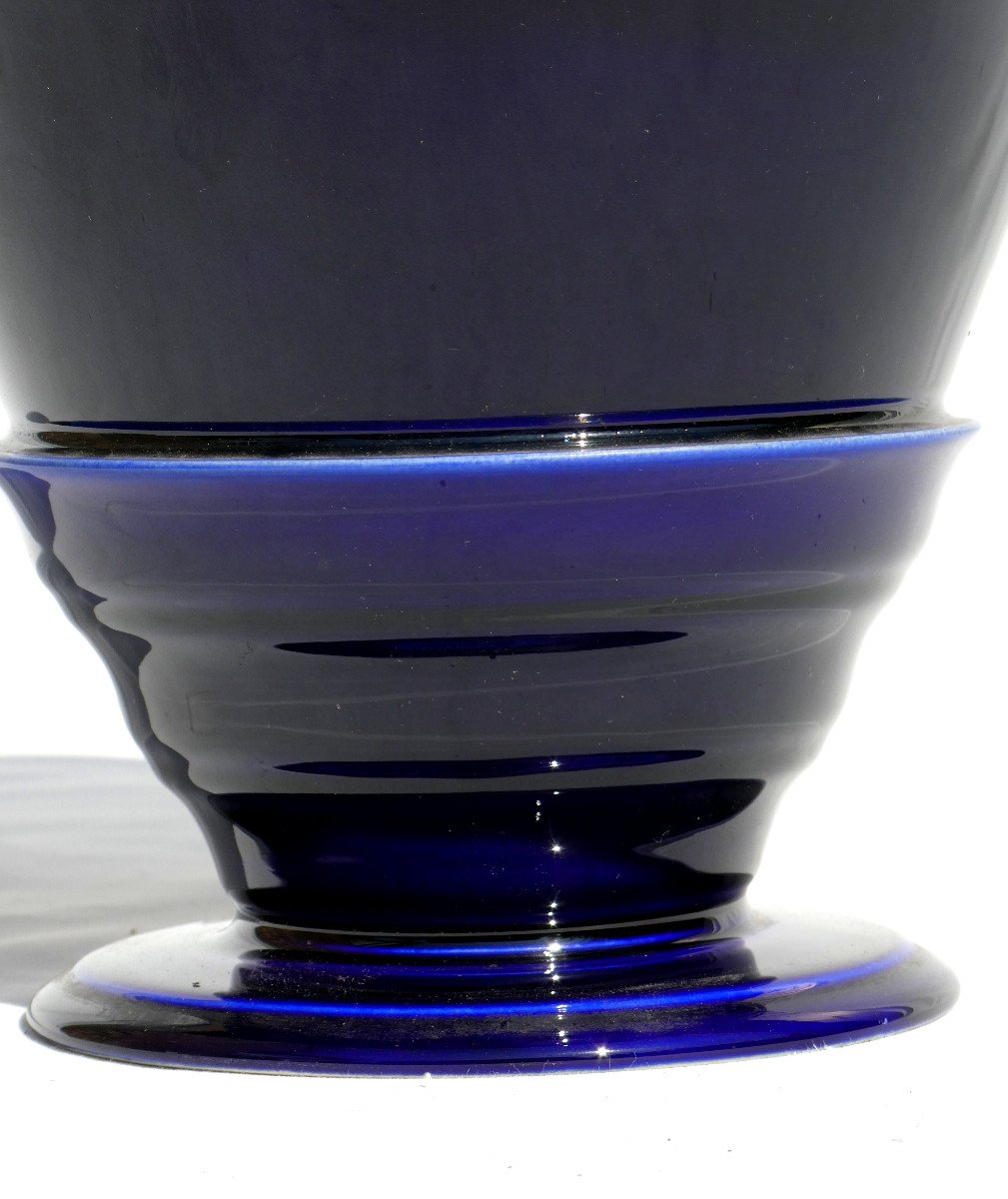 Grand Vase / Pot Couvert En Porcelaine , Forme Japonisante , Bleu De Four Style Art Deco-photo-2