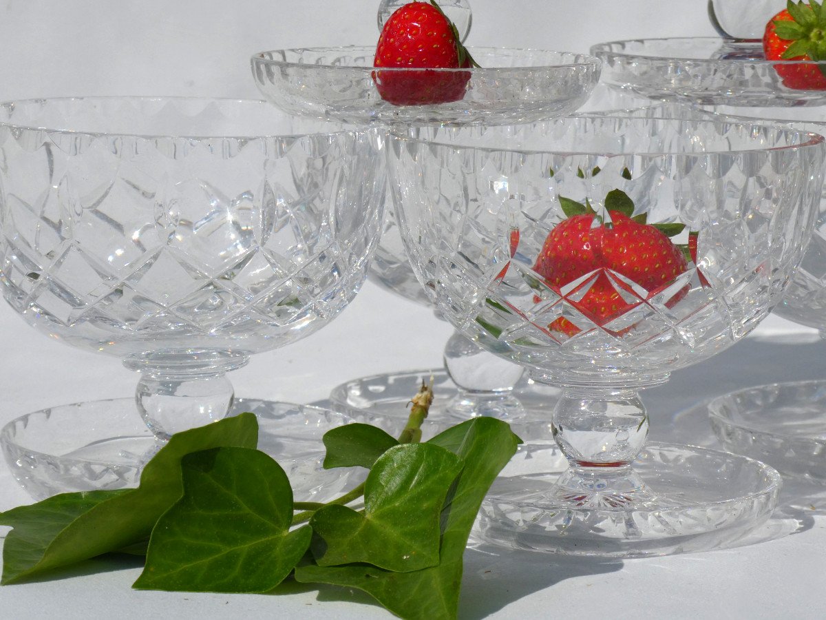 Series Of Cut Crystal Cups, 1930 Period Fruit Bowls, Art Deco Ice Glasses, Saint Louis-photo-1