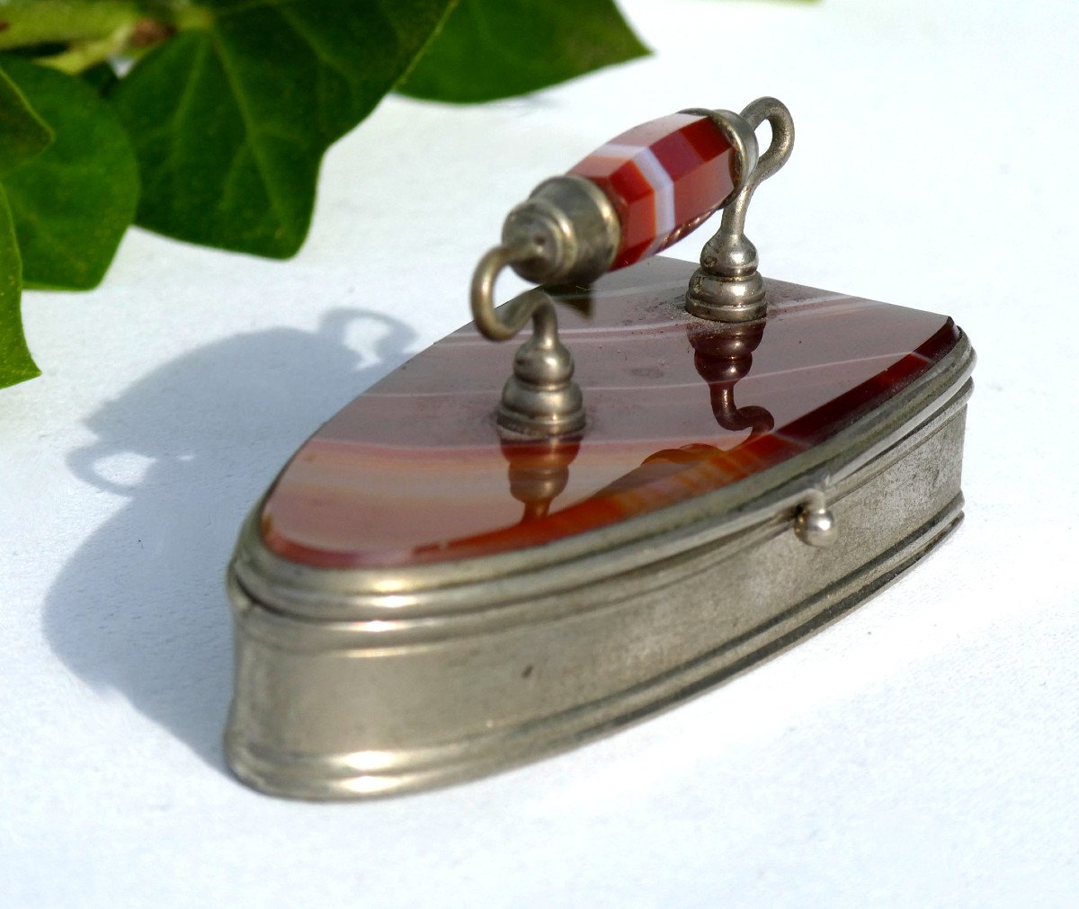 Napoleon III Period Stamp Box, Miniature Iron, 19th Century Writing Object, Agate-photo-2