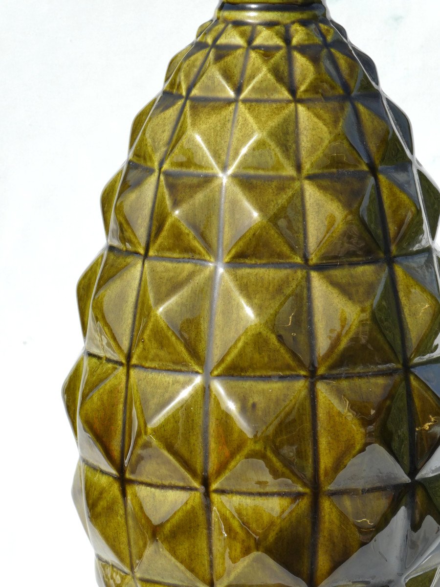 Large Living Room / Table Lamp In Italian Earthenware 1960, Majolica Pineapple Decor, Green-photo-2