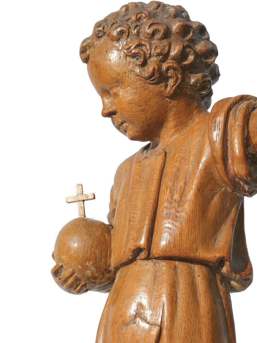 Religious Wooden Church Sculpture, Child Jesus Salvator Mundi Globe 18th Century Christ-photo-5