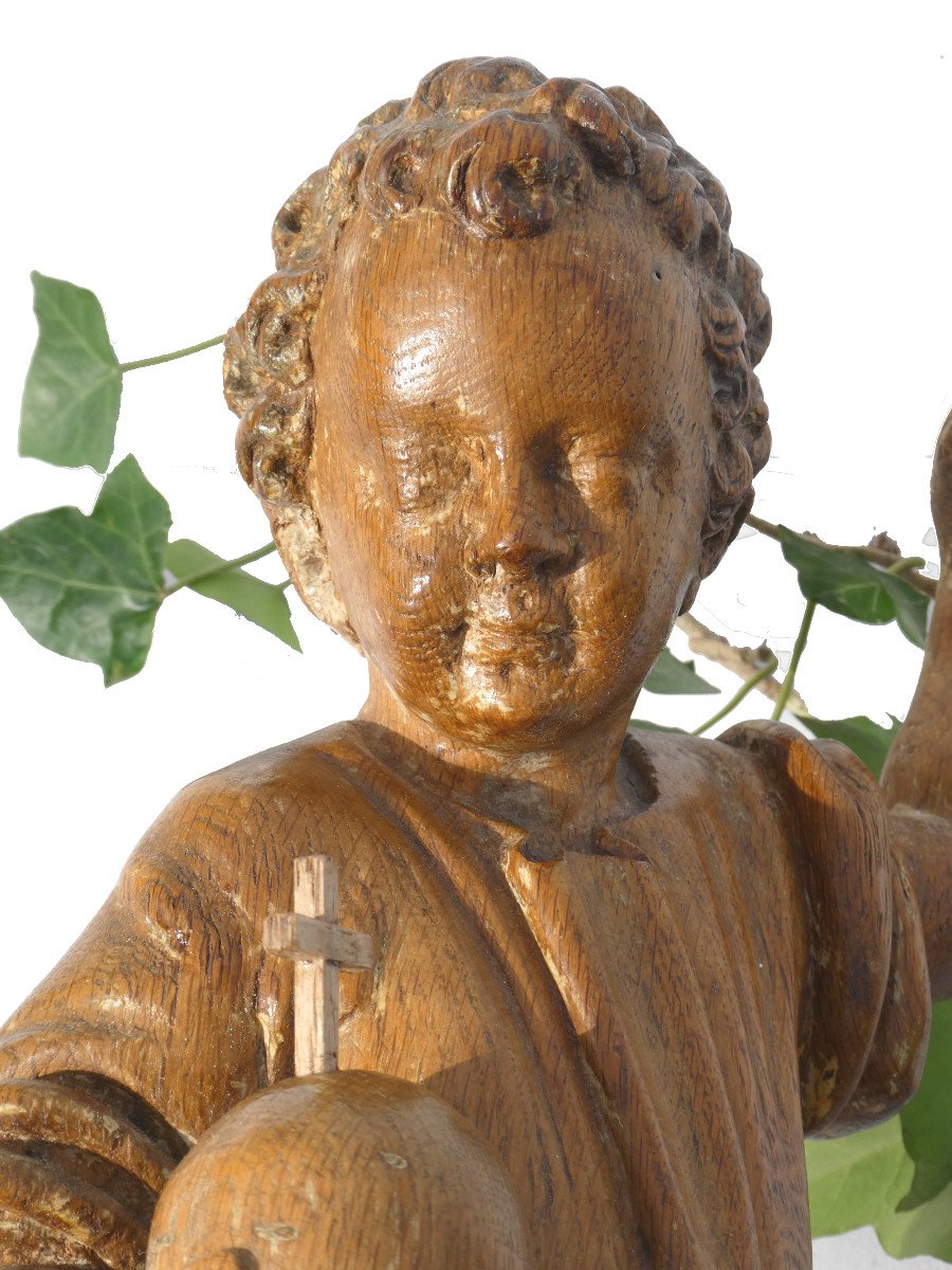 Religious Wooden Church Sculpture, Child Jesus Salvator Mundi Globe 18th Century Christ-photo-7