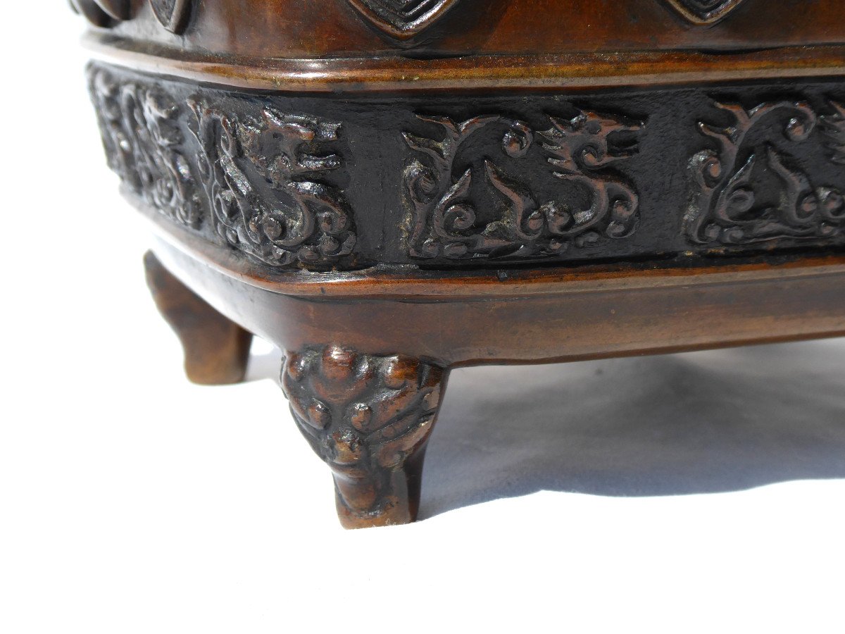 Jardiniere De Table / Brule Parfum En Bronze Patine , Decor Asiatique Chine , Epoque XIXe Siecle Chien De Fo-photo-3