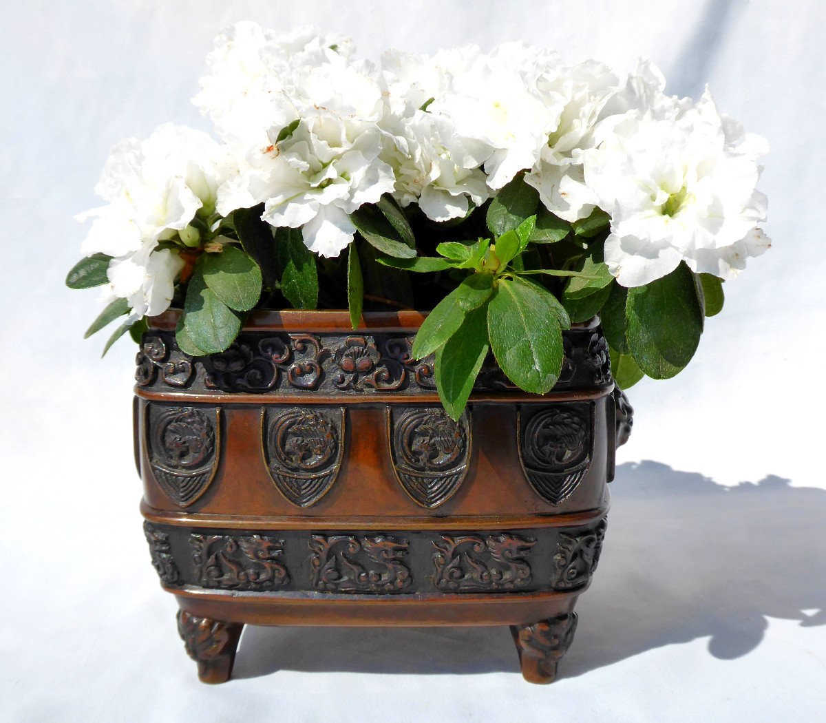 Jardiniere De Table / Brule Parfum En Bronze Patine , Decor Asiatique Chine , Epoque XIXe Siecle Chien De Fo-photo-6