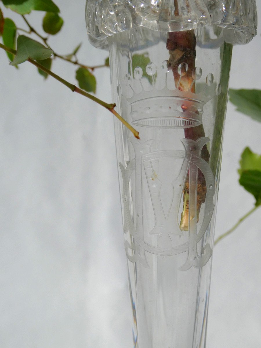 Pair Of Tulipiere Mute Crystal Servants, Table Centerpiece, 19th Century Count's Crown Coat Of Arms-photo-4